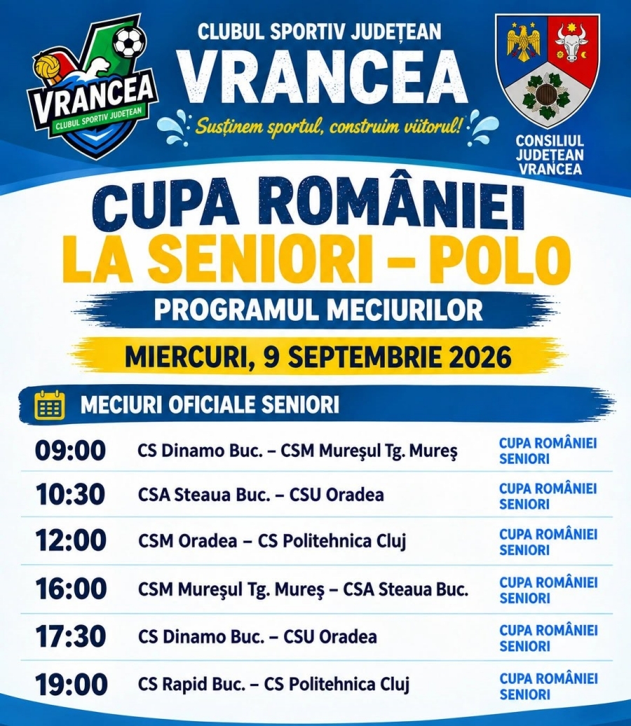 Cupa României la polo aduce în Focșani echipe de top. Șase meciuri într-o singură zi