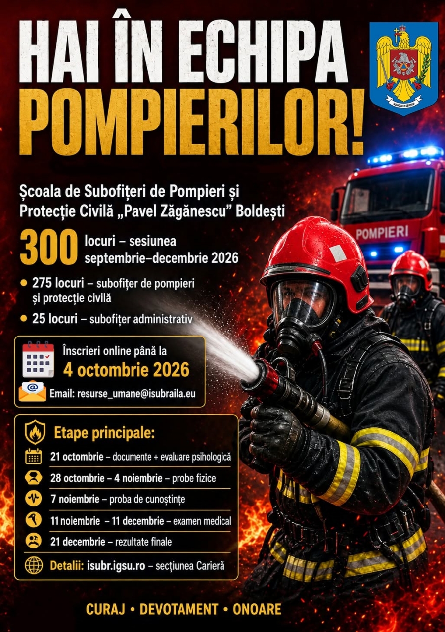 Concurs de admitere la Școala de Subofițeri de Pompieri și Protecție Civilă “Pavel Zăgănescu” Boldești, sesiunea septembrie – decembrie 2026